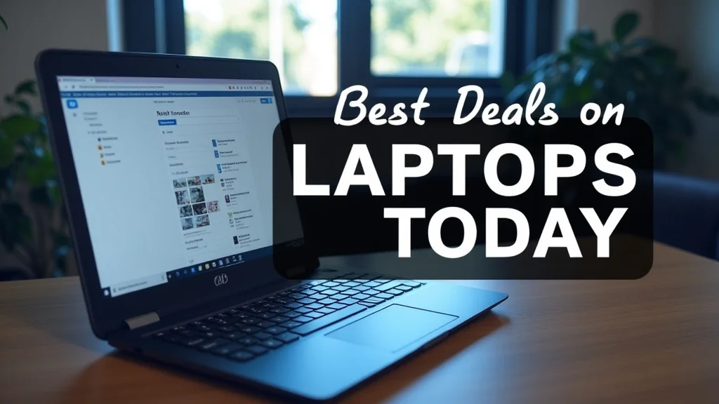 The image shows a sleek laptop open, displaying promotional banners for discounted computers.
