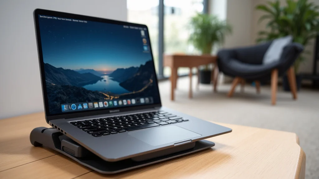 The image shows a person using a laptop stand to adjust their laptop's height for better ergonomics.